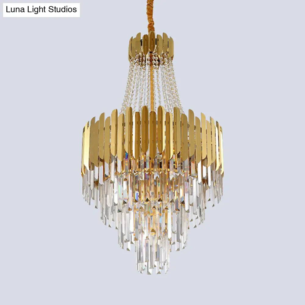 Golden Cone Design Chandelier With 10 Bulbs & Clear Crystal - Simplicity Tiered Lamp Fixture