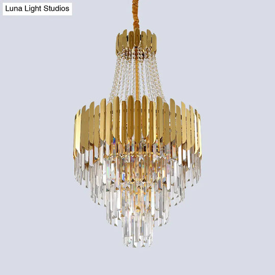 Golden Cone Design Chandelier With 10 Bulbs & Clear Crystal - Simplicity Tiered Lamp Fixture