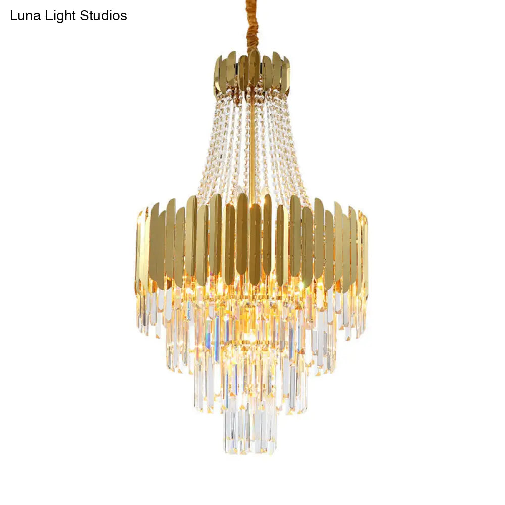 Golden Cone Design Chandelier With 10 Bulbs & Clear Crystal - Simplicity Tiered Lamp Fixture