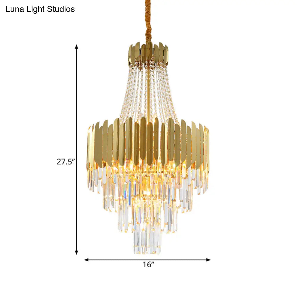 Gold Tiered Crystal Chandelier Lamp With 10 Bulbs – Elegant Simplicity And Cone Design