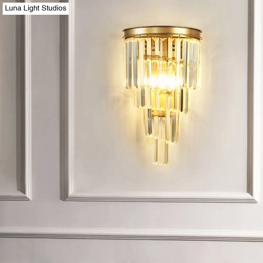 Gold Tiered Crystal Sconce: Minimalistic Wall Light For Living Room