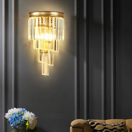 Gold Tiered Crystal Sconce: Minimalistic Wall Light For Living Room