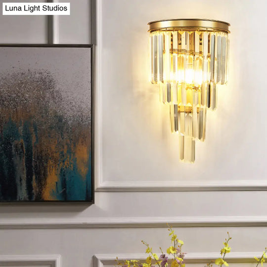 Gold Tiered Crystal Sconce: Minimalistic Wall Light For Living Room