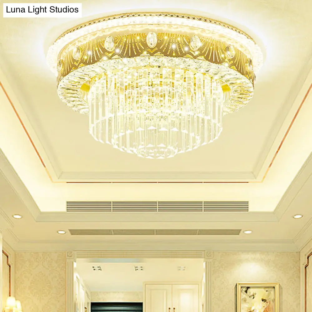 Gold Tiered Drum Bedroom Flushmount Light With Clear Crystal Rectangle Led - Contemporary Flush