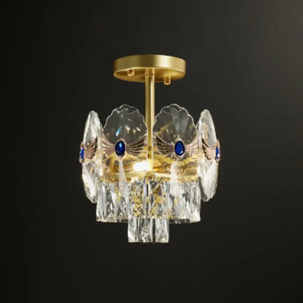 Gold Tiered Semi Flush Crystal Ceiling Light Fixture - Elegant Living Room Décor / 11’