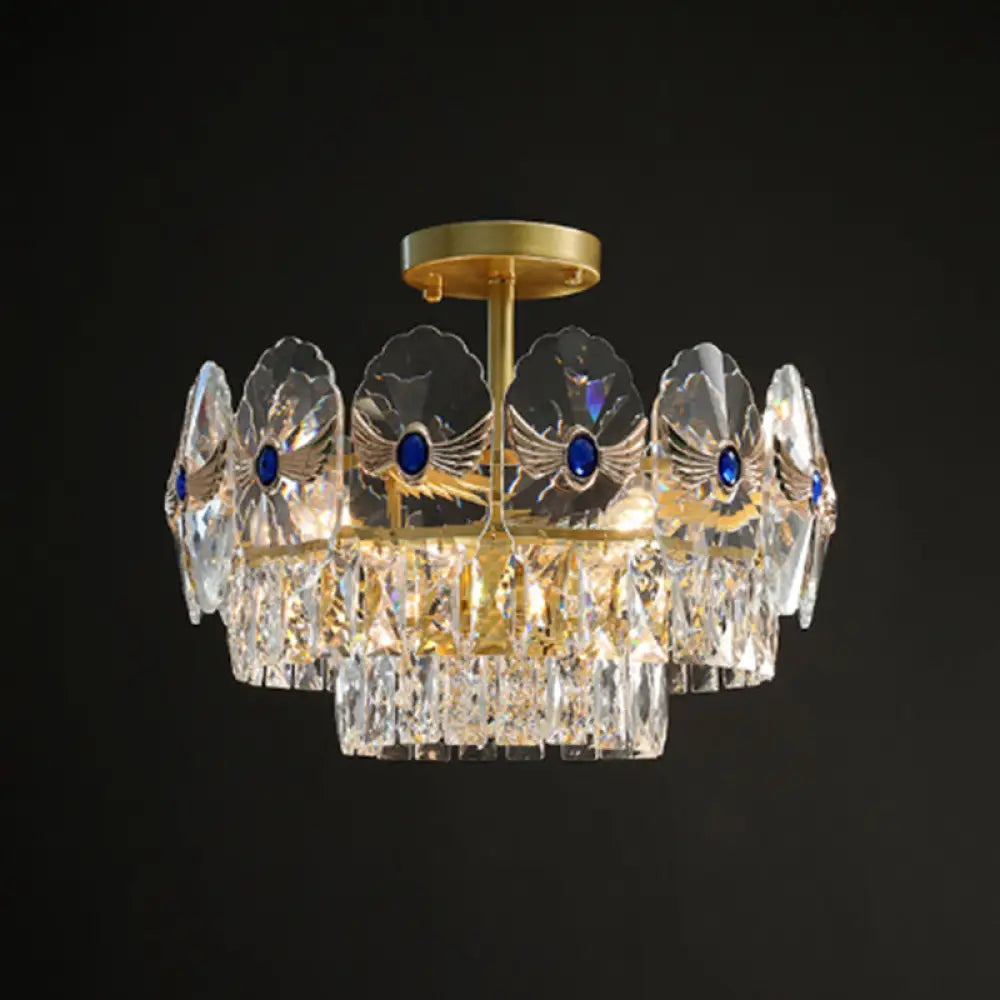 Gold Tiered Semi Flush Crystal Ceiling Light Fixture - Elegant Living Room Décor / 19’