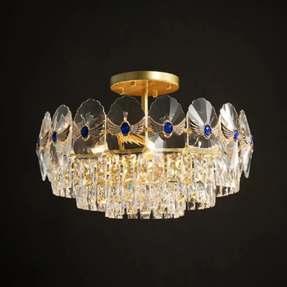 Gold Tiered Semi Flush Crystal Ceiling Light Fixture - Elegant Living Room Décor / 23.5’