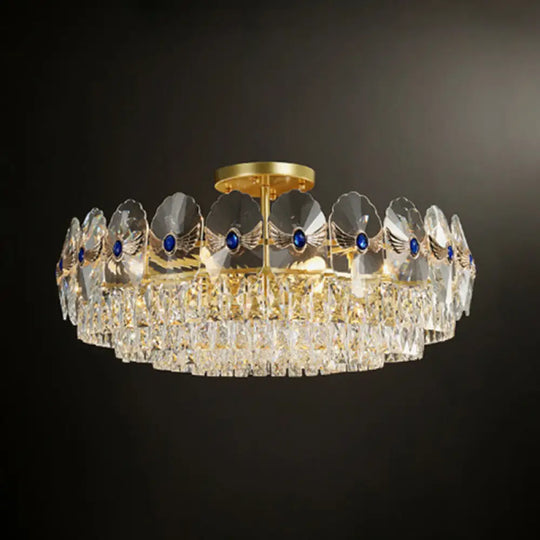 Gold Tiered Semi Flush Crystal Ceiling Light Fixture - Elegant Living Room Décor / 31.5’