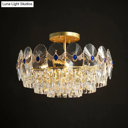Gold Tiered Semi Flush Crystal Ceiling Light Fixture - Elegant Living Room Décor / 23.5
