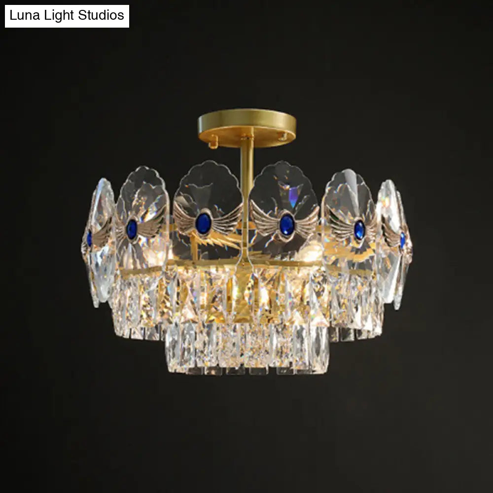 Gold Tiered Semi Flush Crystal Ceiling Light Fixture - Elegant Living Room Décor / 19