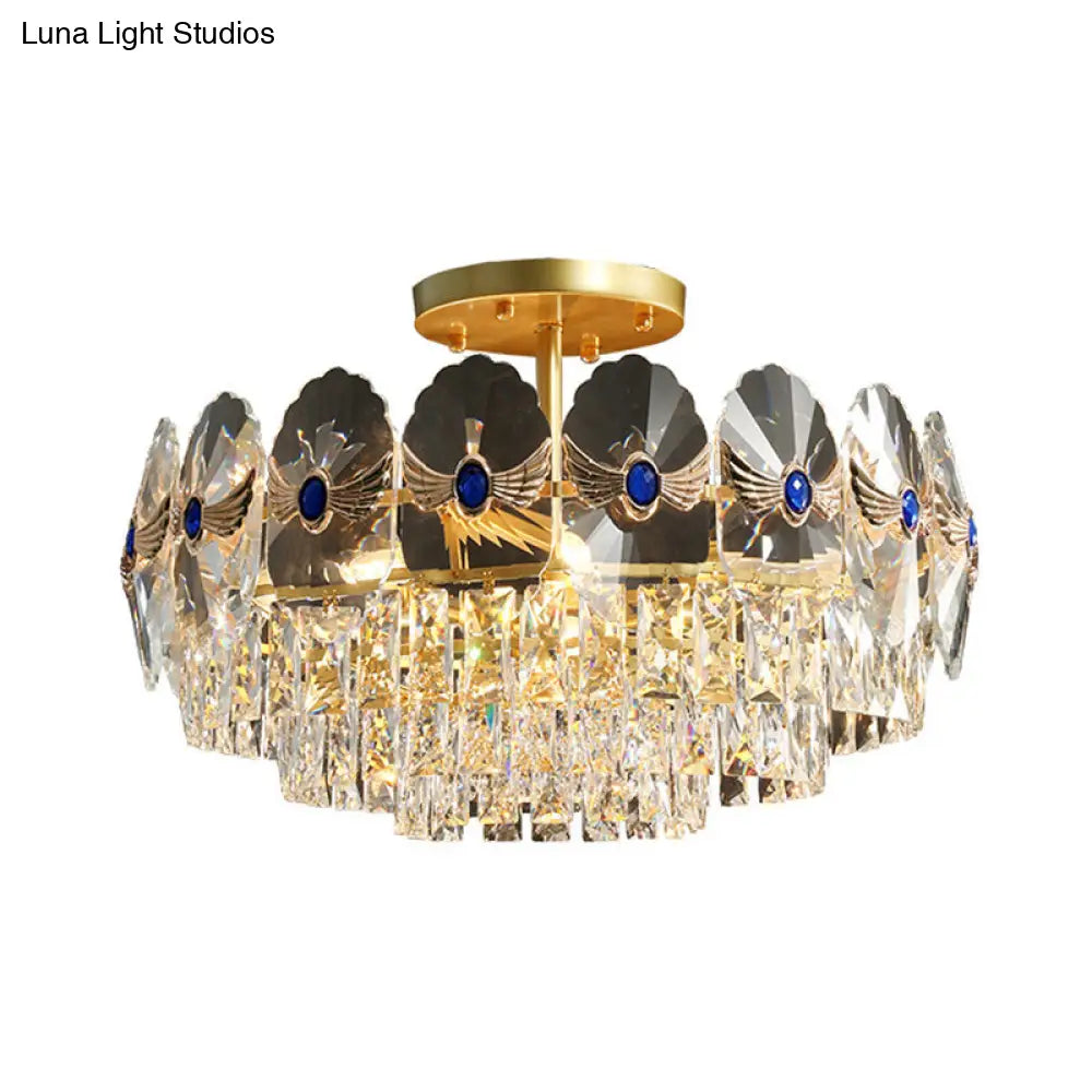Gold Tiered Semi Flush Crystal Ceiling Light Fixture - Elegant Living Room Décor
