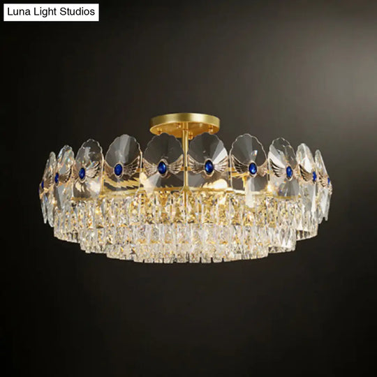 Gold Tiered Semi Flush Crystal Ceiling Light Fixture - Elegant Living Room Décor / 31.5