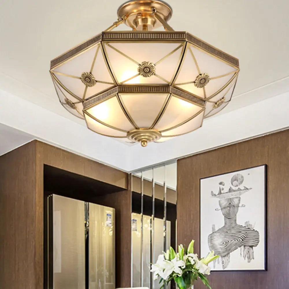 Gold Traditional Dome Semi Flush Chandelier - 6 - Headed Frost Glass Ceiling Light / 14’ C
