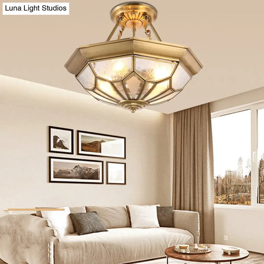 Gold Traditional Dome Semi Flush Chandelier - 6-Headed Frost Glass Ceiling Light / 14 A