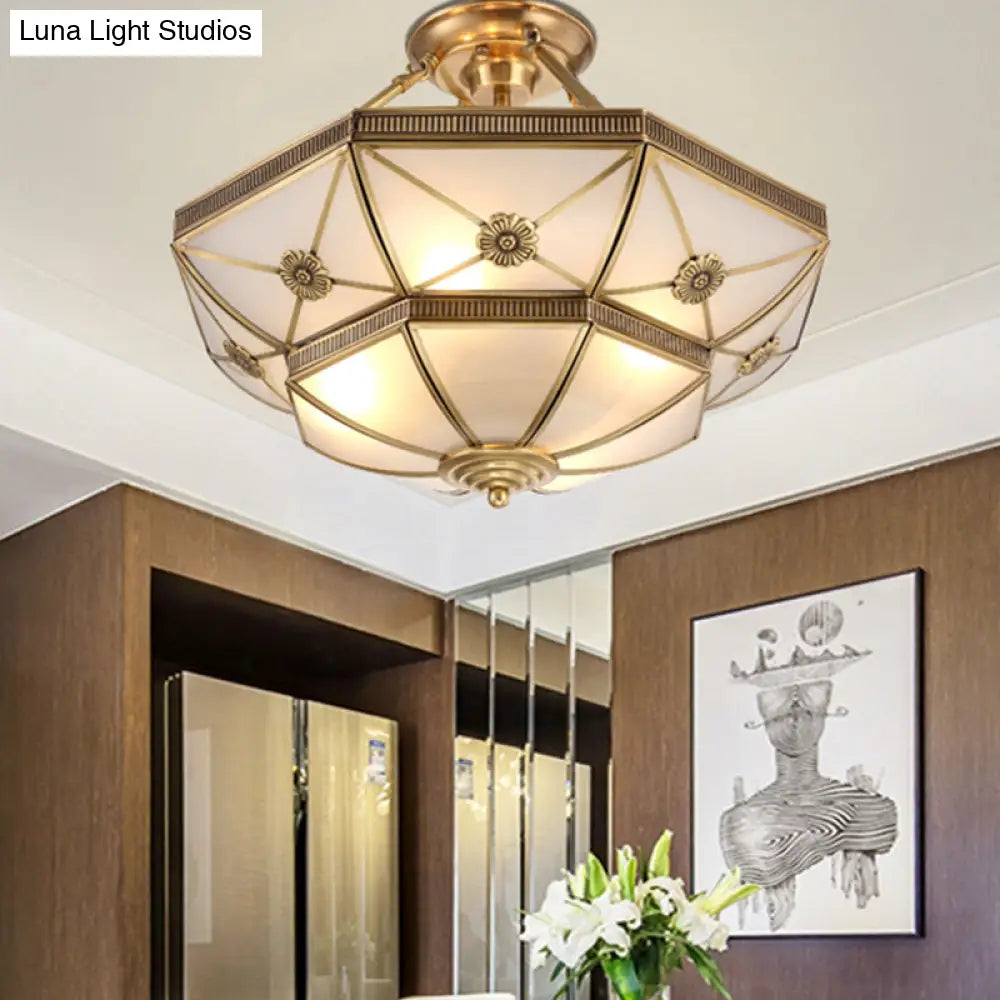 Gold Traditional Dome Semi Flush Chandelier - 6-Headed Frost Glass Ceiling Light / 14 C