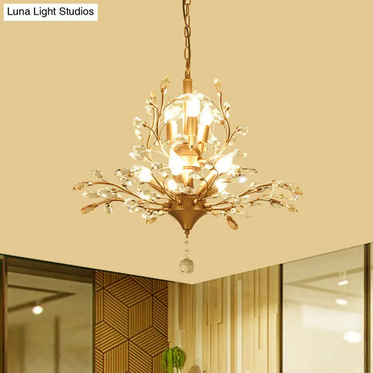 Gold Tree Crystal Pendant Light - Rural 8-Bulb Suspension Chandelier 19.5’/21.5’ High Dining