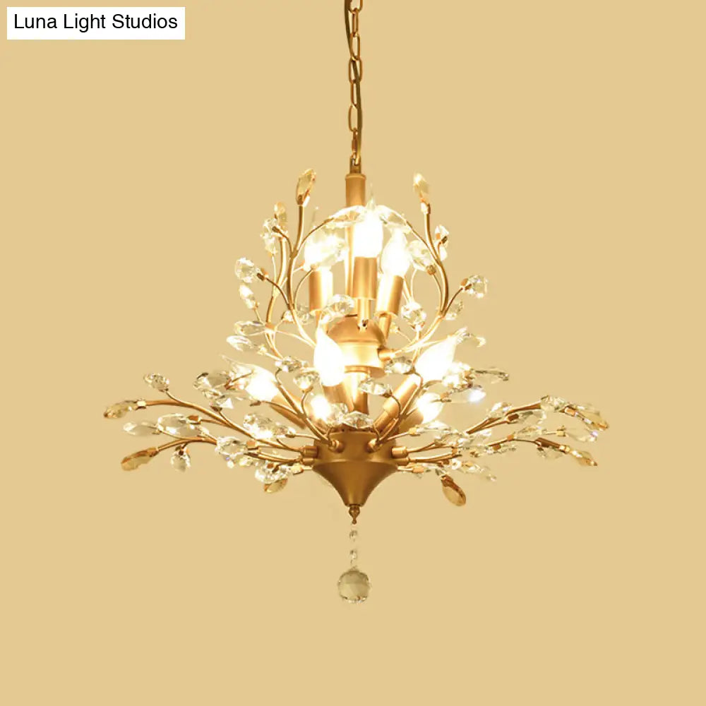 Gold Tree Crystal Pendant Light - Rural 8-Bulb Suspension Chandelier 19.5’/21.5’ High Dining