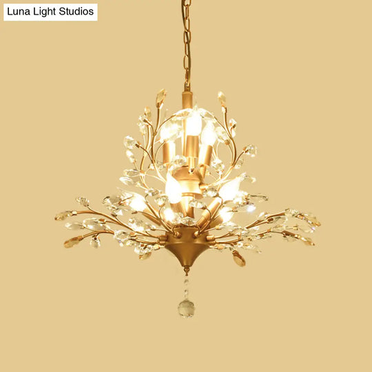 Gold Tree Crystal Pendant Light - Rural 8-Bulb Suspension Chandelier 19.5’/21.5’ High Dining