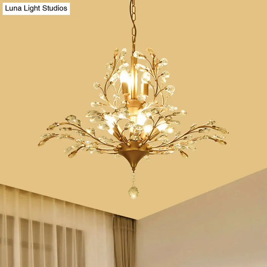 Gold Tree Crystal Pendant Light - Rural 8-Bulb Suspension Chandelier 19.5’/21.5’ High Dining