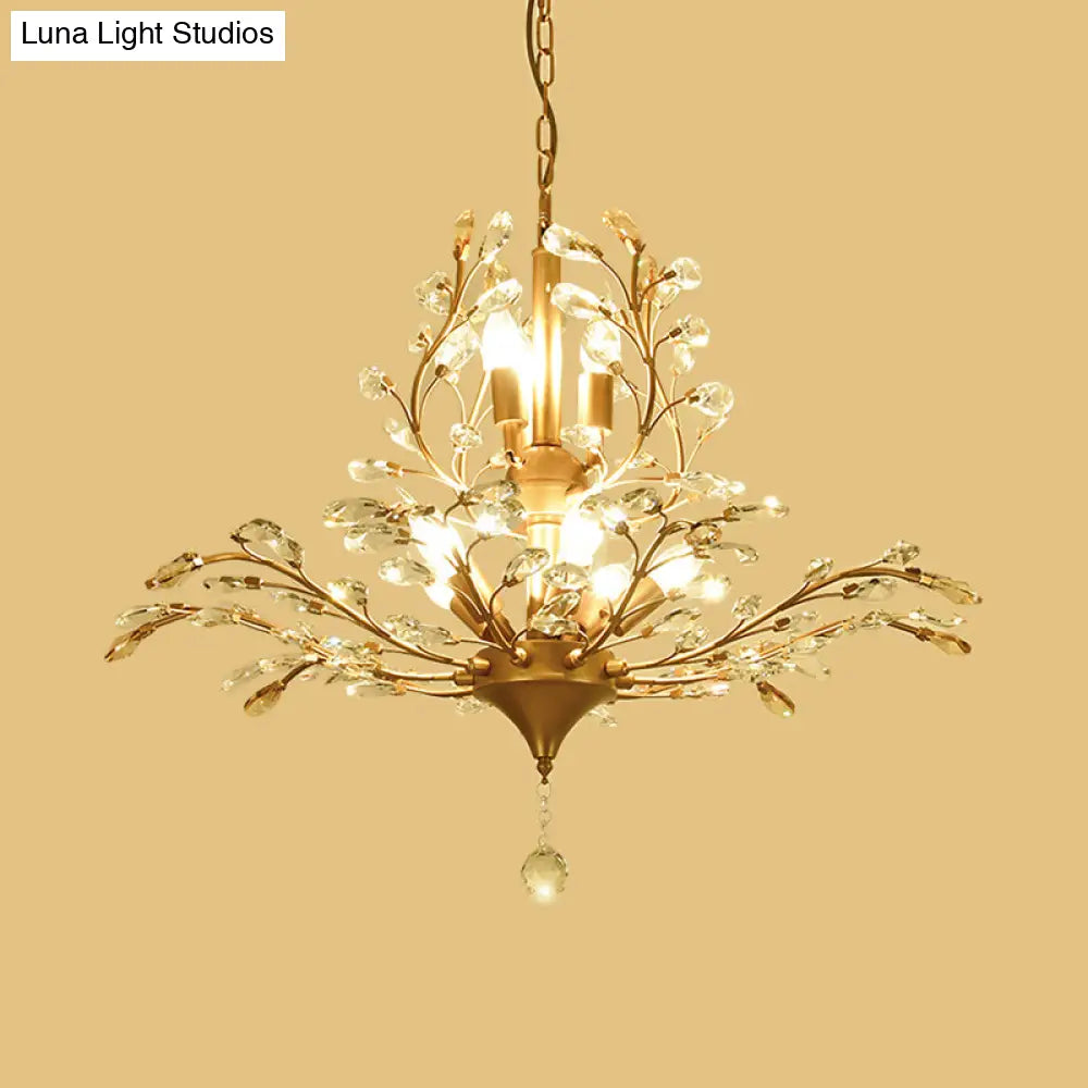 Gold Tree Crystal Pendant Light - Rural 8-Bulb Suspension Chandelier 19.5’/21.5’ High Dining