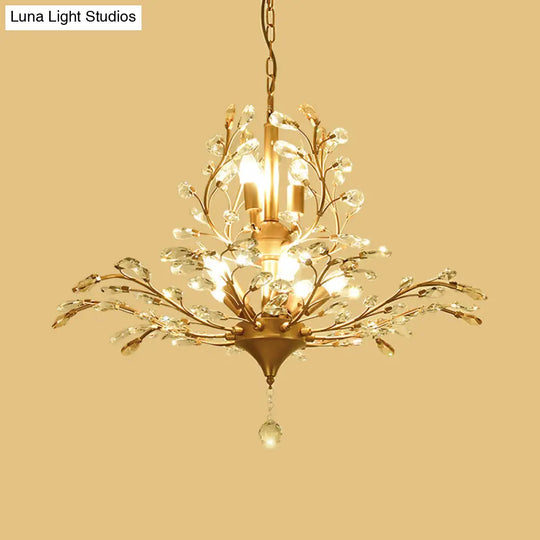 Gold Tree Crystal Pendant Light - Rural 8-Bulb Suspension Chandelier 19.5’/21.5’ High Dining