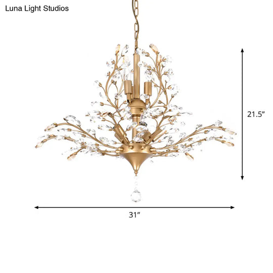 Gold Tree Crystal Pendant Light - Rural 8-Bulb Suspension Chandelier 19.5’/21.5’ High Dining