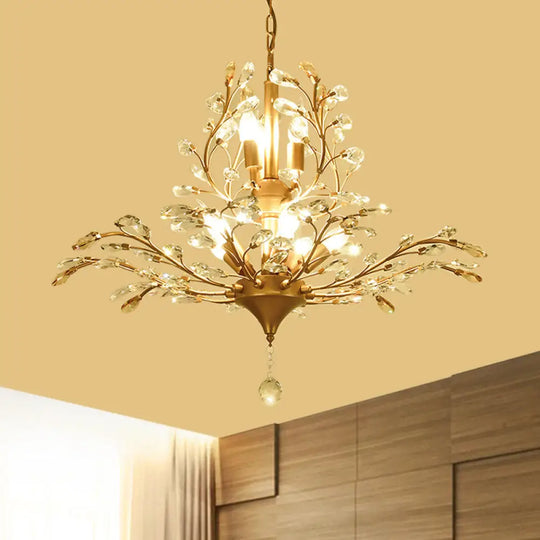 Gold Tree Crystal Pendant Light - Rural 8-Bulb Suspension Chandelier 19.5’/21.5’ High Dining