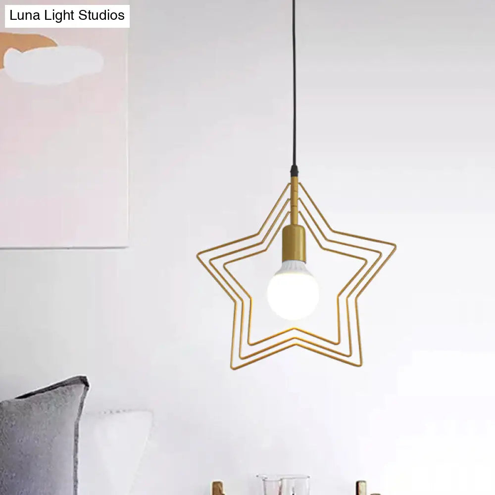 Industrial Metal Gold Pendant Light With Triple Star/Round Frame - Hanging Ceiling Fixture / Star
