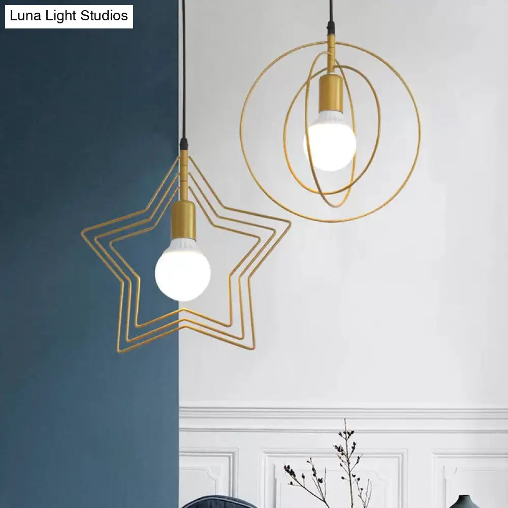 Industrial Metal Gold Pendant Light With Triple Star/Round Frame - Hanging Ceiling Fixture
