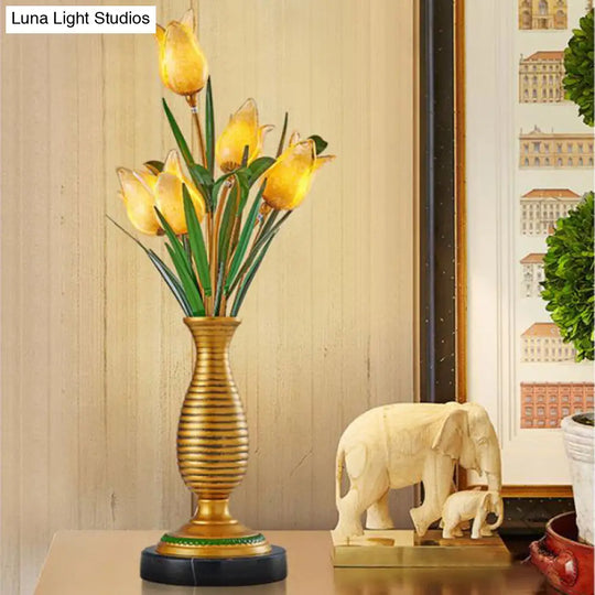 Gold Tulip Led Table Lamp - American Garden Metal With 5 Lights Living Room Nightstand Light