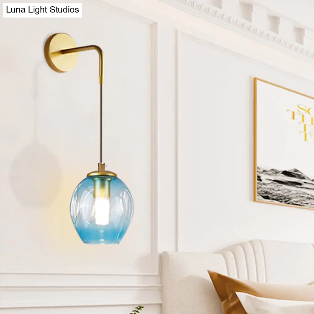 Gold Tulip Wall Lamp Sconce With Blue/Smoke Gray Dimpled Glass Shade - Modern 1 Light Hanging