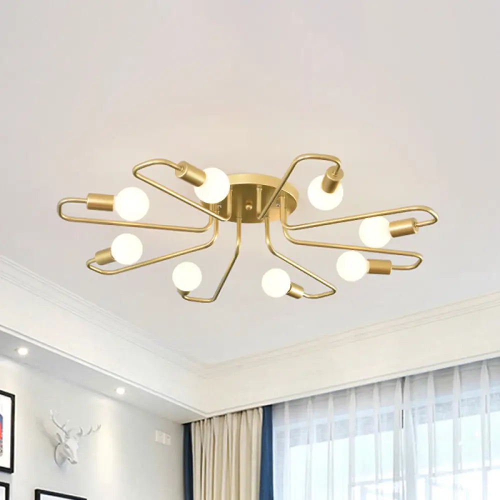 Gold Twisted Arm 8-Head Semi-Flush Metal Ceiling Lamp: Minimalist Lighting For Living Room