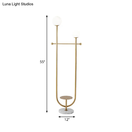 Gold U-Arm Spherical Floor Lamp With Frosted Glass Shades - Modern 2-Bulb Standing Light