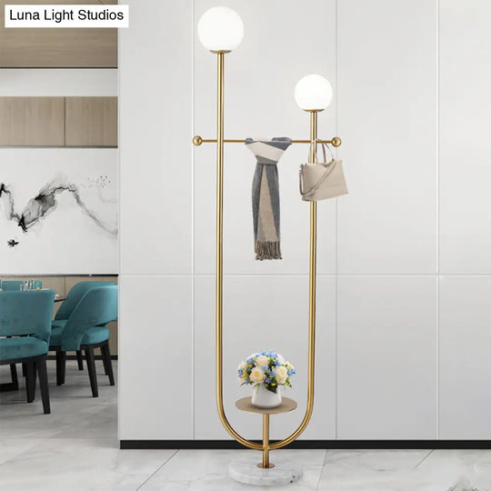 Gold U-Arm Spherical Floor Lamp With Frosted Glass Shades - Modern 2-Bulb Standing Light