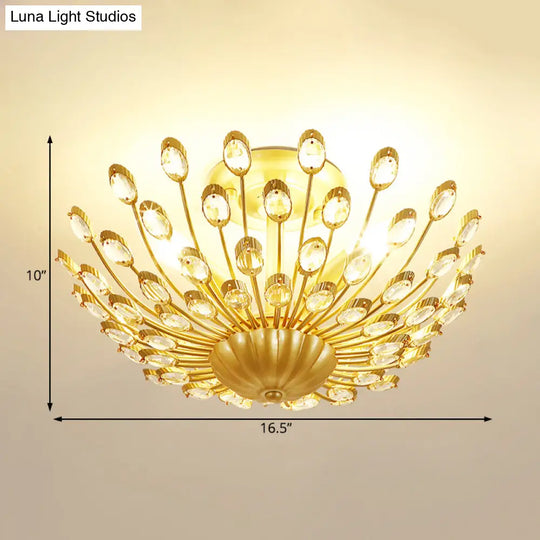 Gold Vintage Peacock Crystal Semi Flush Mount Bedroom Ceiling Light With 3 Lights’fixture