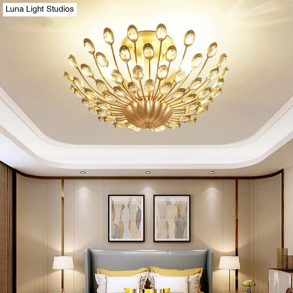 Gold Vintage Peacock Crystal Semi Flush Mount Bedroom Ceiling Light With 3 Lightsfixture