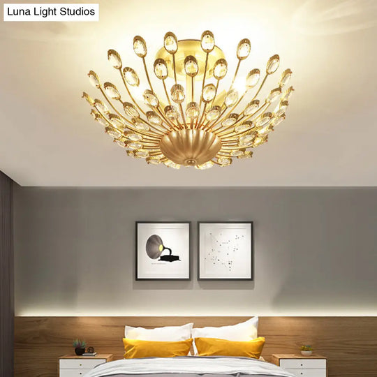 Gold Vintage Peacock Crystal Semi Flush Mount Bedroom Ceiling Light With 3 Lightsfixture