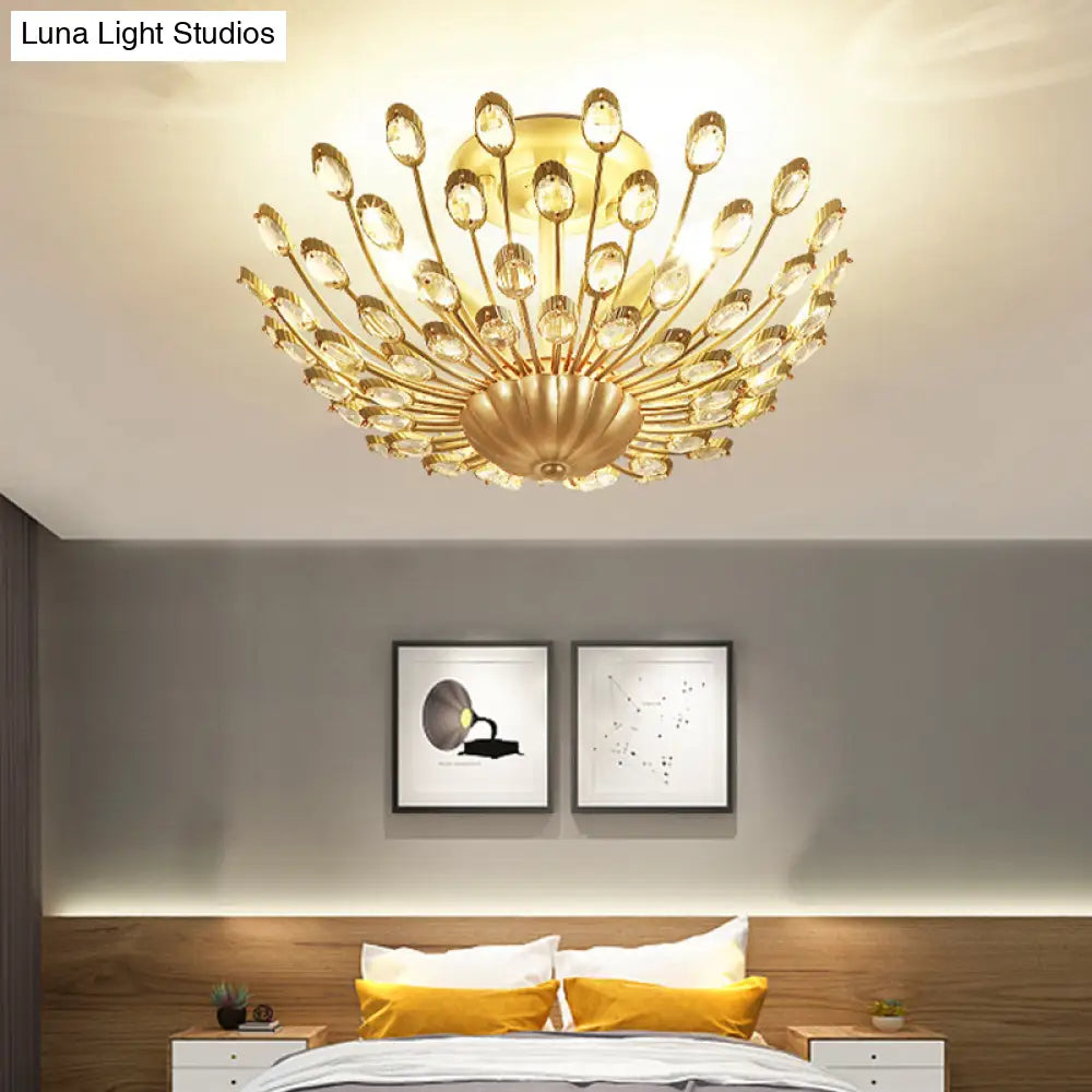 Gold Vintage Peacock Crystal Semi Flush Mount Bedroom Ceiling Light With 3 Lights’fixture