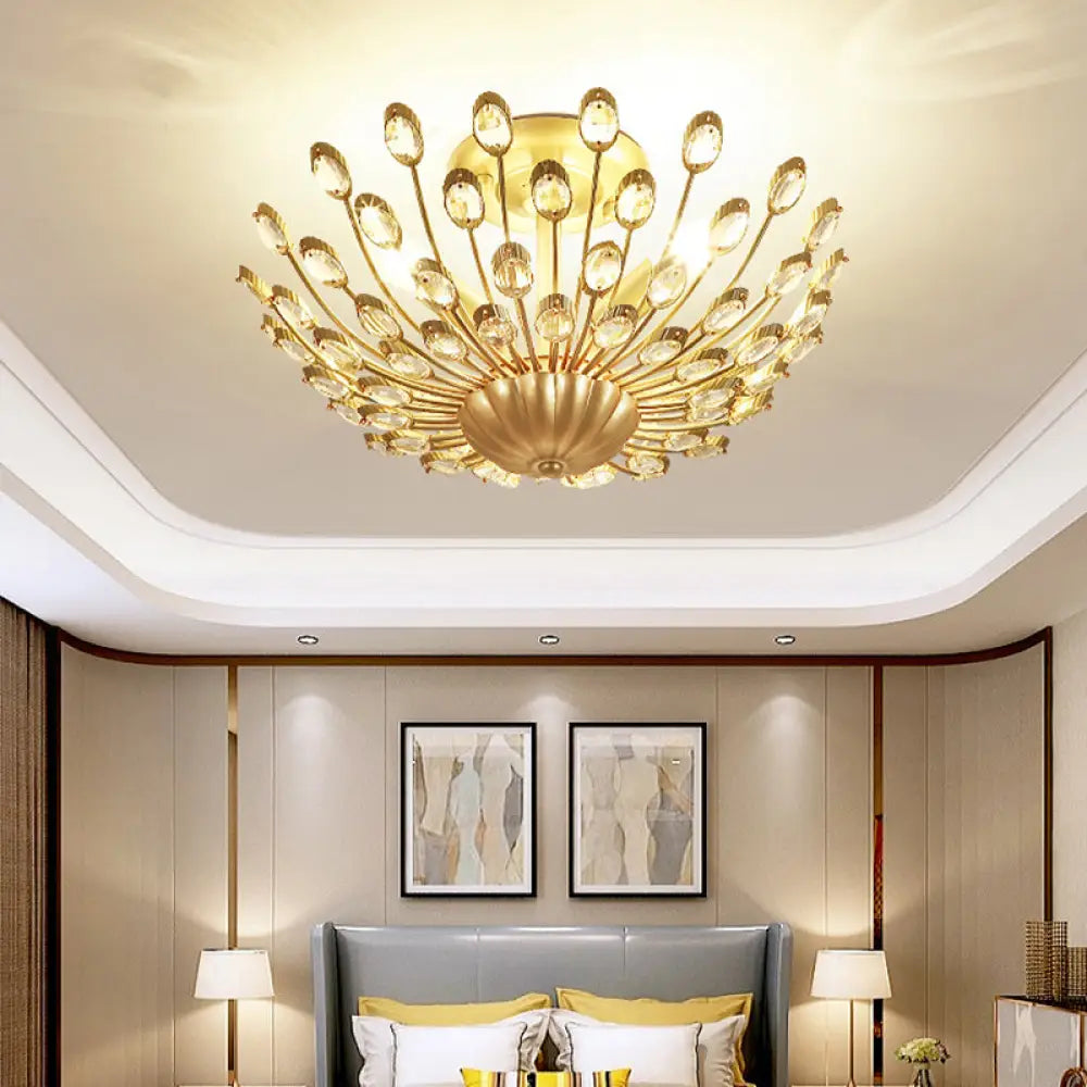 Gold Vintage Peacock Crystal Semi Flush Mount Bedroom Ceiling Light With 3 Lights’fixture