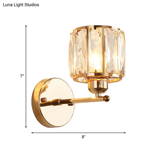 Gold Wall Lamp Beveled Cut Crystal Cylinder Sconce Light Fixture - Simplicity In 1 Head Design