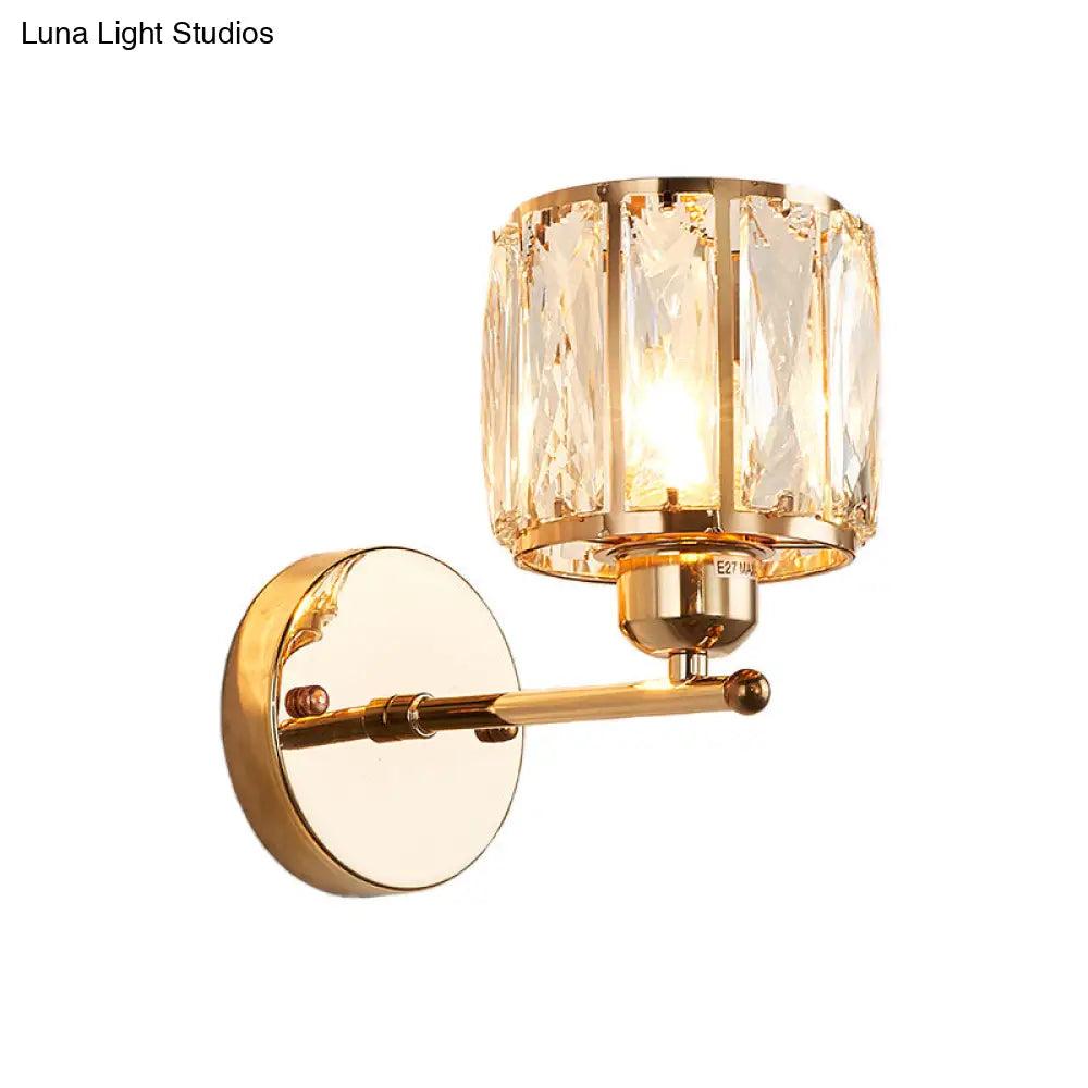 Gold Wall Lamp Beveled Cut Crystal Cylinder Sconce Light Fixture - Simplicity In 1 Head Design