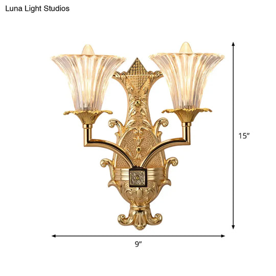 Gold Wall Lamp: Clear Fluted Glass Tapered Design 2-Light Rustic Style Fixture