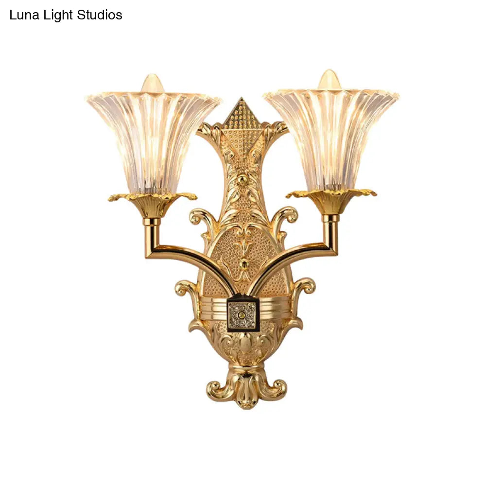 Gold Wall Lamp: Clear Fluted Glass Tapered Design 2-Light Rustic Style Fixture