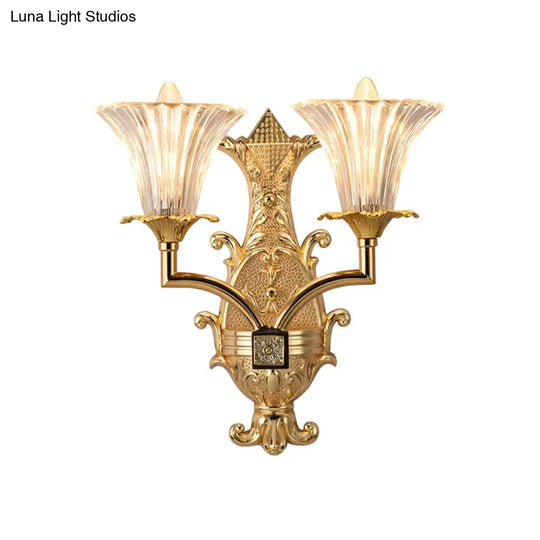 Gold Wall Lamp: Clear Fluted Glass Tapered Design 2-Light Rustic Style Fixture