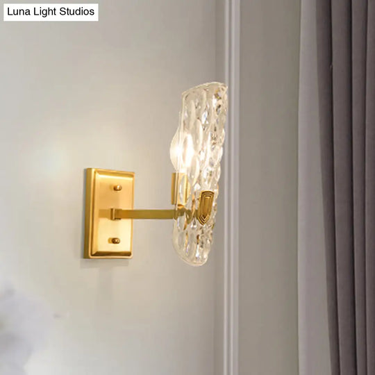 Gold Wall Lamp: Curved Postmodern Design With Clear Hammered Glass - Ideal For Foyer