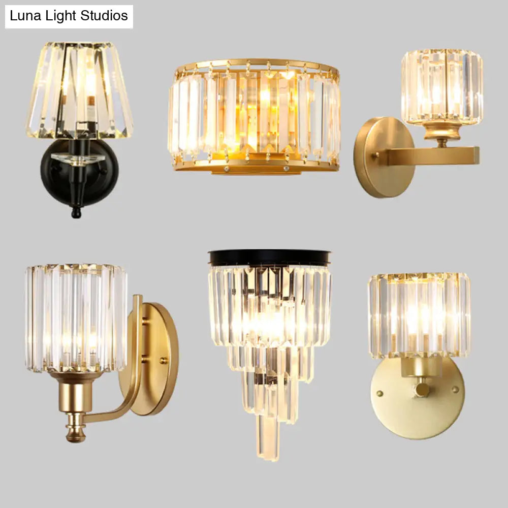 Gold Wall Lamp With Prismatic Crystal Shade - Postmodern Style