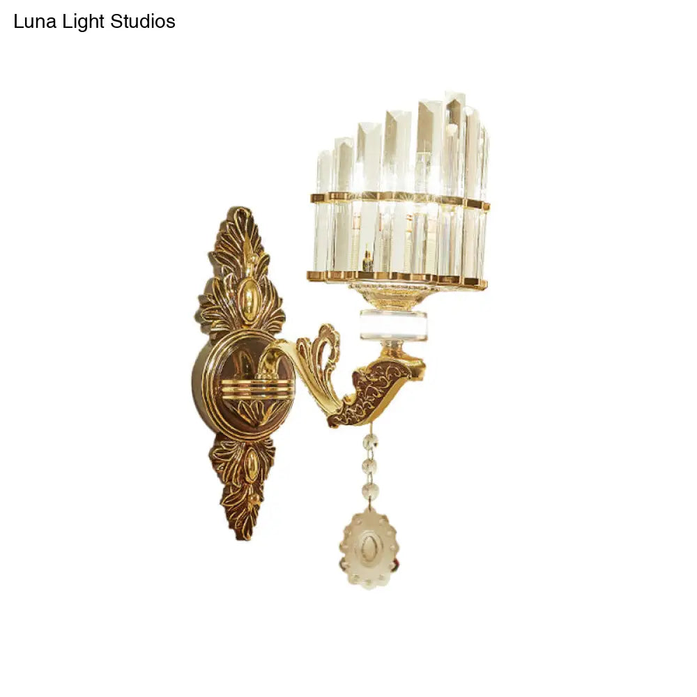 Gold Wall Mount Light Arc Sconce Lamp For Corners - Modern Crystal Block Fixture