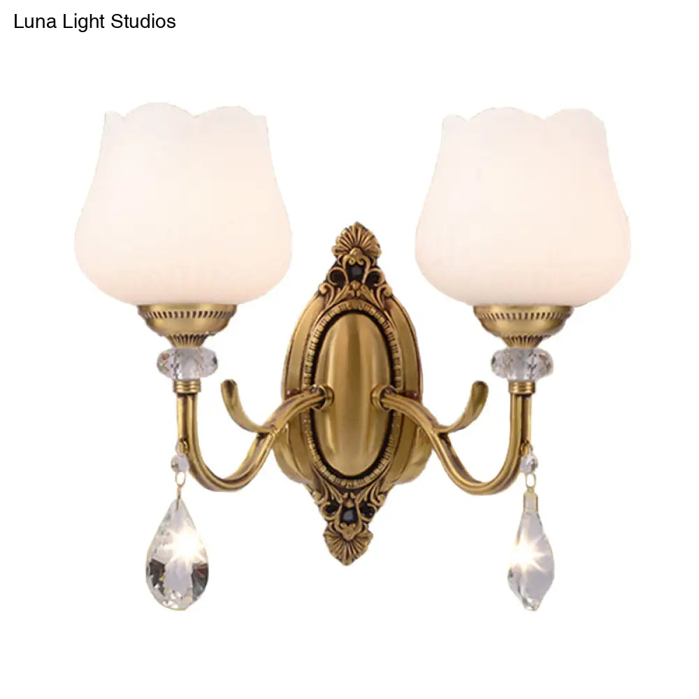 Gold Wall Mounted Crystal Prism Blossom Lamp - Traditional Bedroom Sconce Light Fixture (1/2 Bulbs)