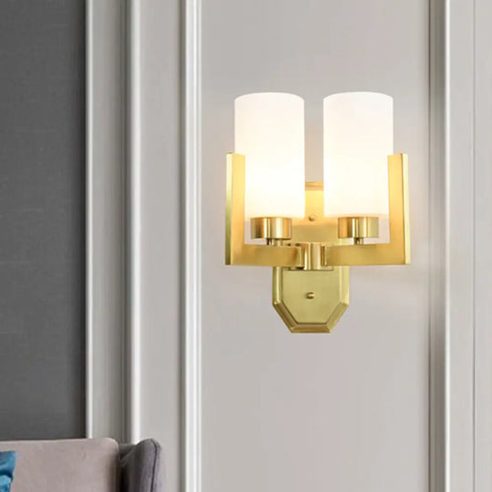 Gold Wall Sconce With Milk Glass Shades And Modernist Cylinder Design (2 Heads)