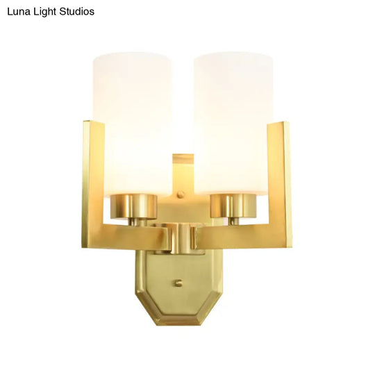 Gold Wall Sconce With Milk Glass Shades And Modernist Cylinder Design (2 Heads)